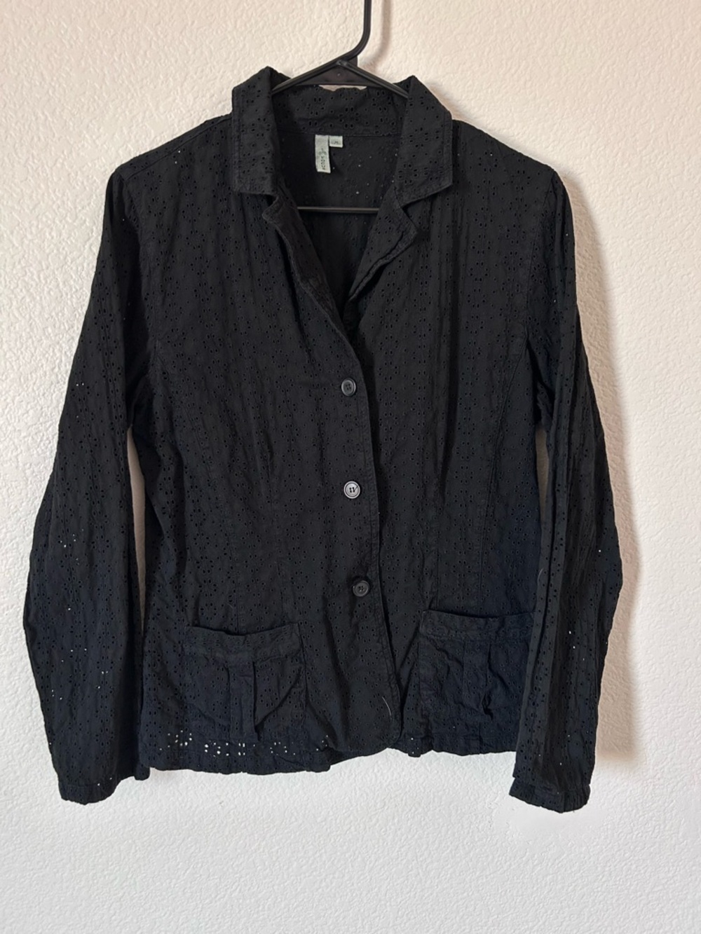 Corporate Goth Layering Black Eyelet Button-Front Long Sleeve Blazer Jacket